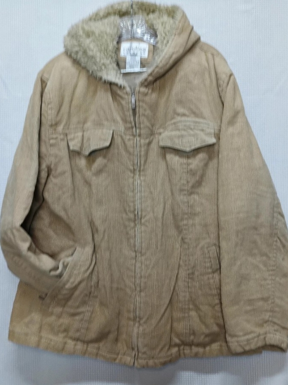 Hooded Corduroy Field Jacket in Tan with Faux-Sherpa Lining 2X